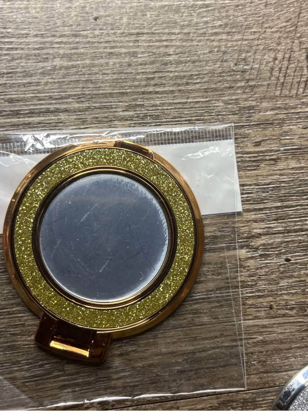 Glitter Silver Phone Ring Clip with Compact Mirror - Stylish Accessory